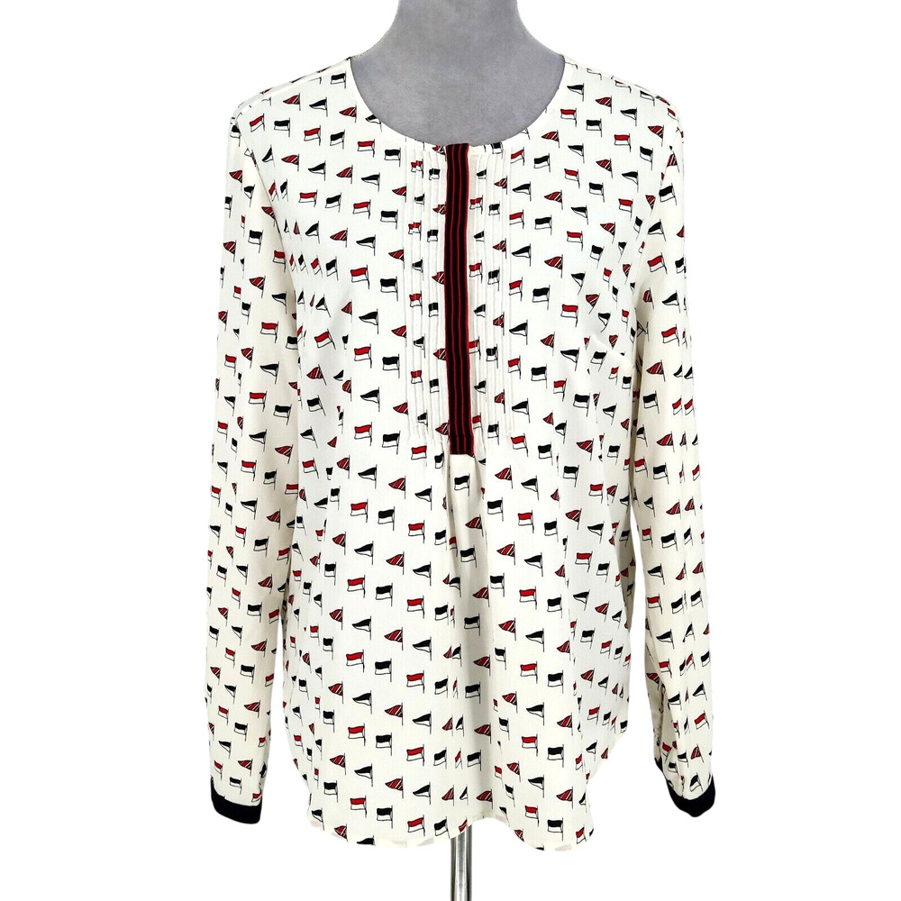 Talbots Top Womens 14 Ivory Pleated Nautical Flags Blouse Novelty Print Career
